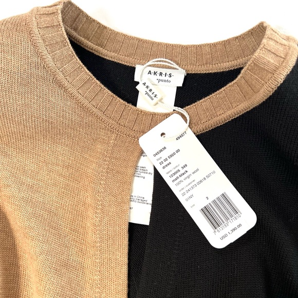 $1390 Akris Punto Colorblock Virgin Wool Wrap Dress in Black / Tan - Picture 5 of 7